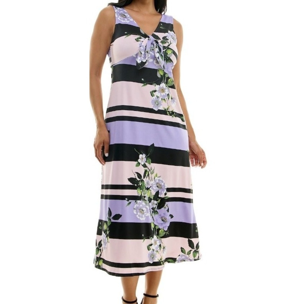 Women Floral Striped Pink Purple Black Babydoll V Neck Bow Sleeveless Midi Dress